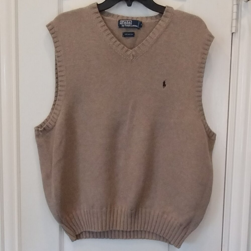 Polo by Ralph Lauren Tan V-Neck Sweater Vest with Navy Pony